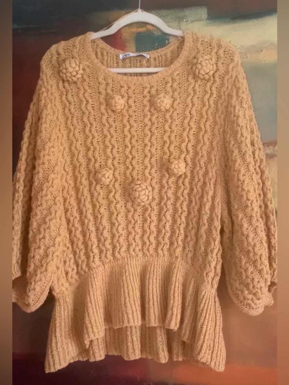Zara, Boho Peplum Sweater with Balloon Sleeves, Sz L
